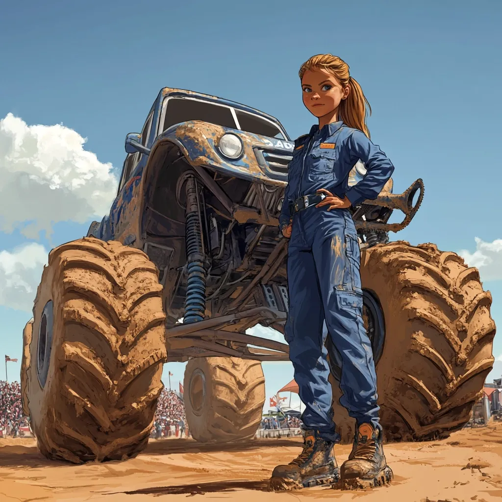 A young woman in blue overalls stands confidently in front of a large, muddy monster truck. The truck has massive tires and is raised high off the ground. The woman is looking directly at the viewer, with a determined expression on her face. The background is a bright blue sky with white clouds. The scene appears to be at an outdoor event, possibly a monster truck rally.
