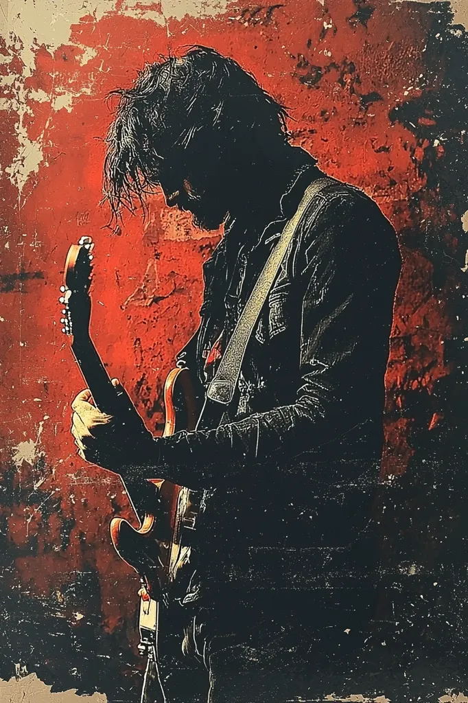 The image features a silhouetted figure of a musician playing an electric guitar. The musician's long hair is tousled, and they are wearing a denim jacket. The background is a distressed red and brown wall, with a grunge aesthetic. The image evokes a sense of rock and roll energy and passion.