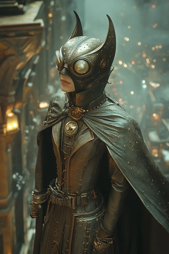 A woman in a dark, steampunk-inspired costume stands with her back to the camera, facing a city skyline. She wears a mask with large, round goggles and a long cape. Her outfit is intricately detailed with metallic accents and intricate stitching. The scene is shrouded in a hazy, industrial atmosphere.