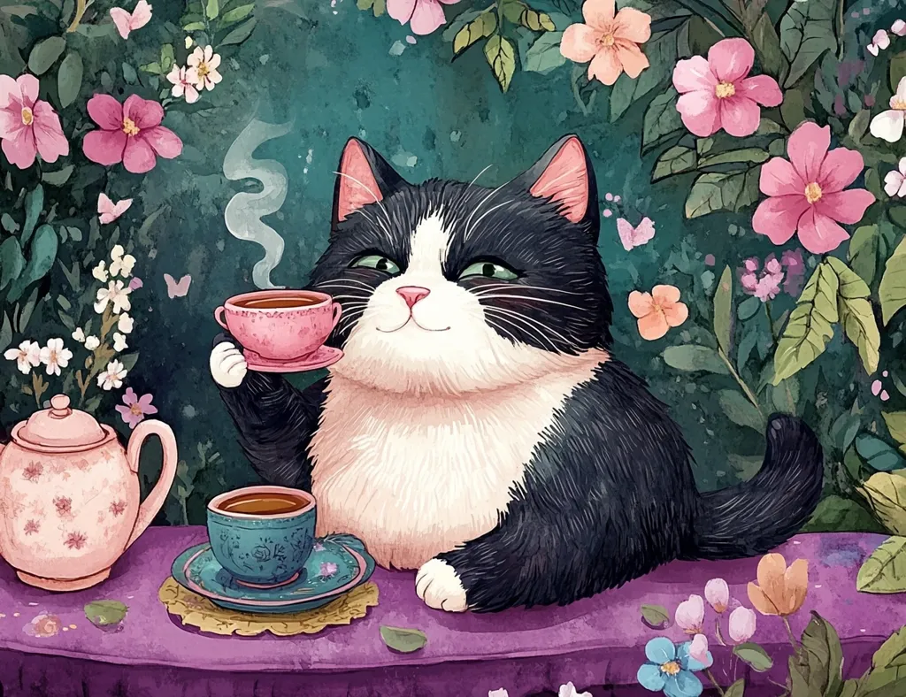 A black and white cat sits at a table with a teacup in its paw, a teapot nearby, and a pink teacup in its paw. The cat is surrounded by a lush garden with pink and white flowers, and there are butterflies flitting about. The scene is painted in a whimsical, cartoon style.