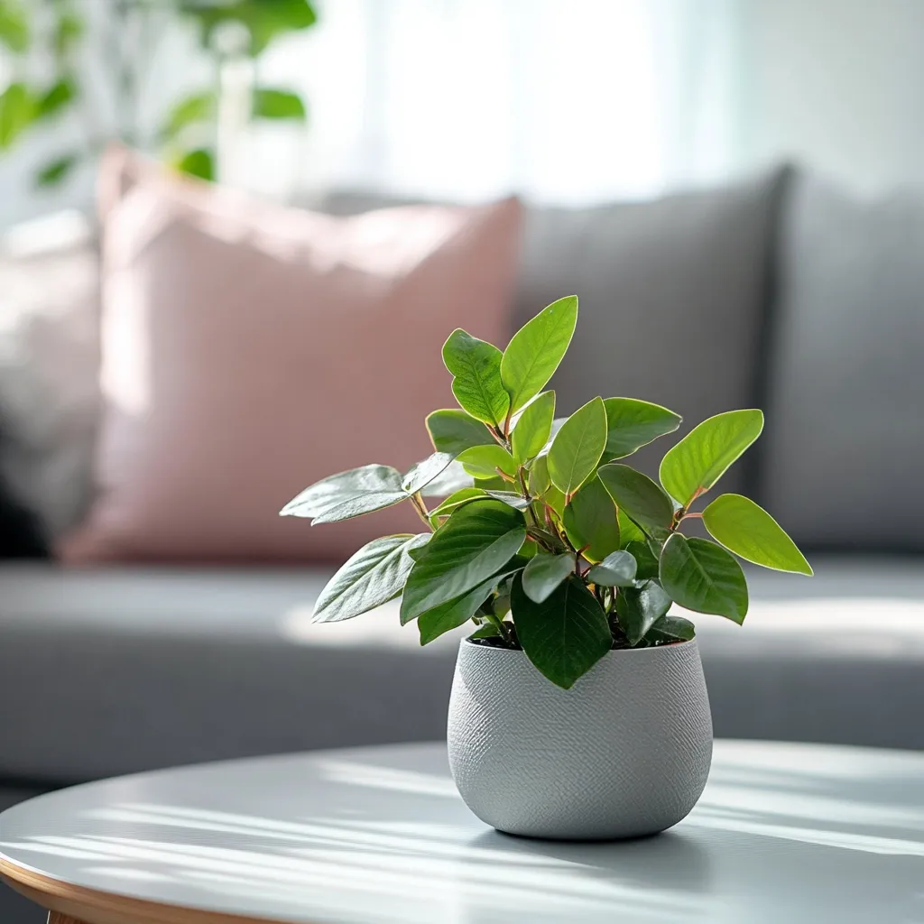A small, leafy plant sits in a grey, textured pot on a white coffee table. The plant has bright green leaves and appears healthy.  The table is in front of a grey couch with a pink pillow, and the background is out of focus. The overall image is one of simple, natural beauty and a relaxed atmosphere.
