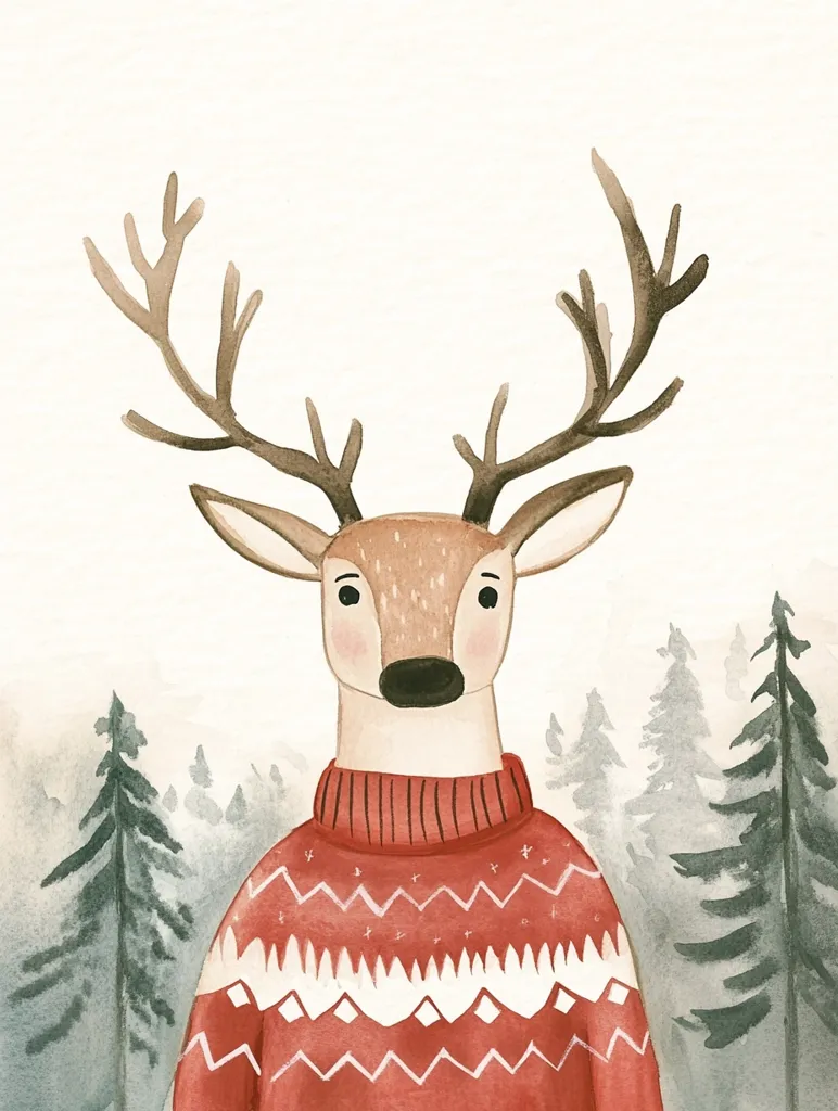 A watercolor illustration of a deer wearing a red and white knitted sweater. The deer has large, expressive eyes, and the sweater has a festive pattern. The background is a soft, blurred watercolor of a forest, giving a sense of winter and coziness. The overall style is whimsical and charming, with a touch of rustic charm.
