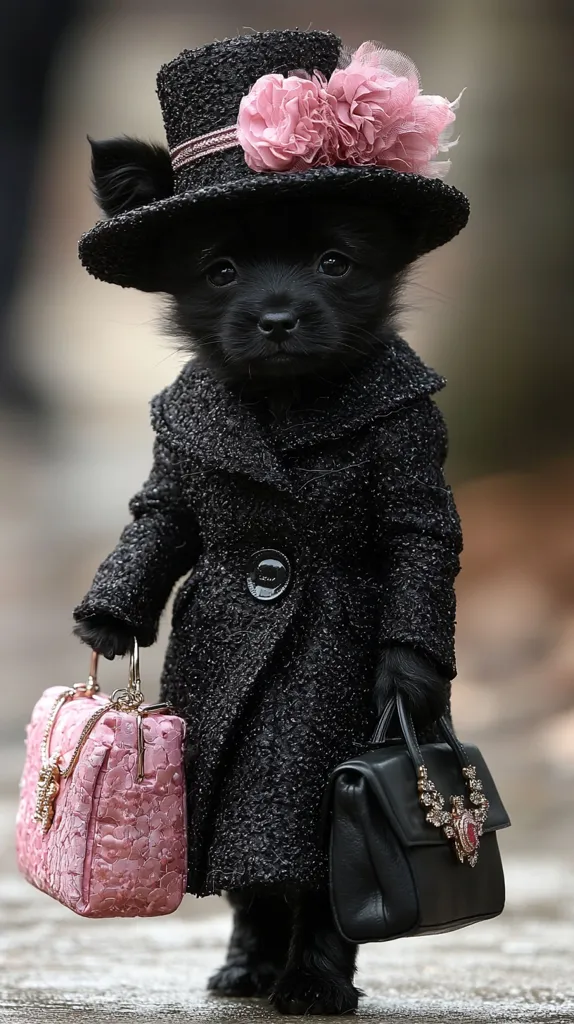 A black dog, dressed in a black coat and a black top hat with a pink flower, carries two handbags, one pink and one black, both with ornate embellishments. The dog's expression is serious, its eyes looking directly at the camera. The image conveys a sense of fashion and whimsy.