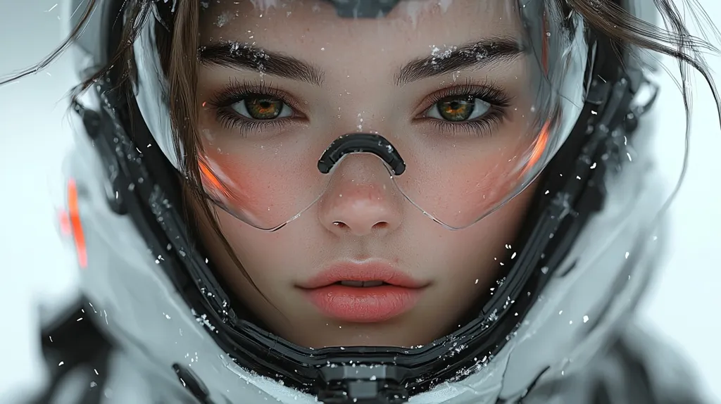 A woman with long brown hair is wearing a white helmet with a clear visor.  She has large brown eyes and full lips.  The visor is reflecting light, creating a halo effect around her face.  The background is blurry and white, with a few specks of snow visible.  She appears to be looking directly at the viewer.
