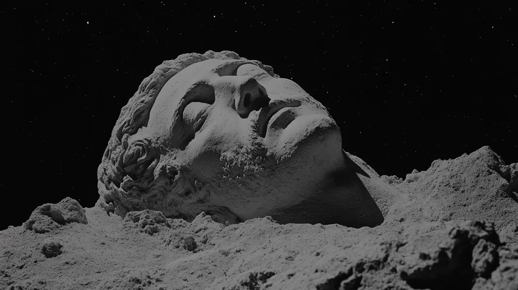 A black and white image depicting a stone sculpture of a face lying partially buried in a dusty, rocky landscape. The sculpture's eyes are closed, suggesting a state of repose or slumber. The background is a dark, starry sky, adding an ethereal and melancholic atmosphere to the scene.  The image evokes a sense of solitude and mystery, raising questions about the sculpture's history and its connection to the vastness of space.