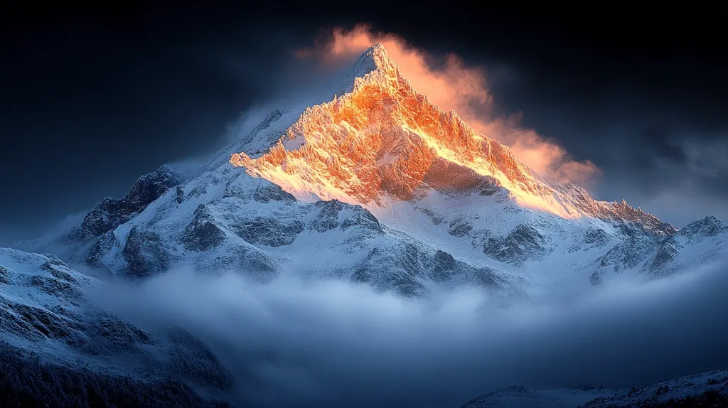 A snow-capped mountain peak is bathed in the warm glow of the setting sun, while clouds billow around its base. The mountain's rugged terrain and the dramatic sky create a breathtaking landscape. The scene evokes a sense of awe and wonder at the power and beauty of nature.