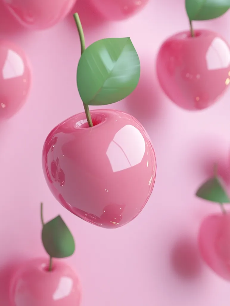 A single cherry with a green leaf sits in the middle of the frame, surrounded by out-of-focus pink cherries. The background is a soft pink, creating a whimsical and sweet aesthetic. The glossy texture of the cherries adds to the playful feel of the image.
