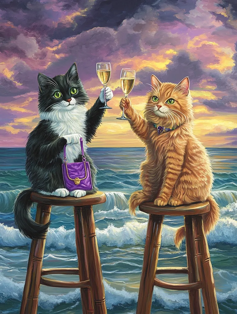 Two cats, one black and white, the other orange, are sitting on stools at the beach. They are holding up glasses of champagne to each other, with a picturesque sunset in the background. The black and white cat is wearing a purple purse. The scene is playful and whimsical.