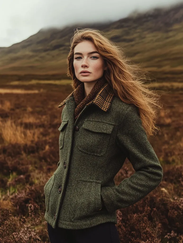 A young woman with long, flowing red hair stands in a field of brown grass. She is wearing a green tweed jacket with a brown and white checkered collar. Her hand is tucked into the pocket of her jacket and she is looking directly at the camera with a serious expression. The background features a rolling hill covered in grass and a cloudy sky. The image has a cool, muted color palette.
