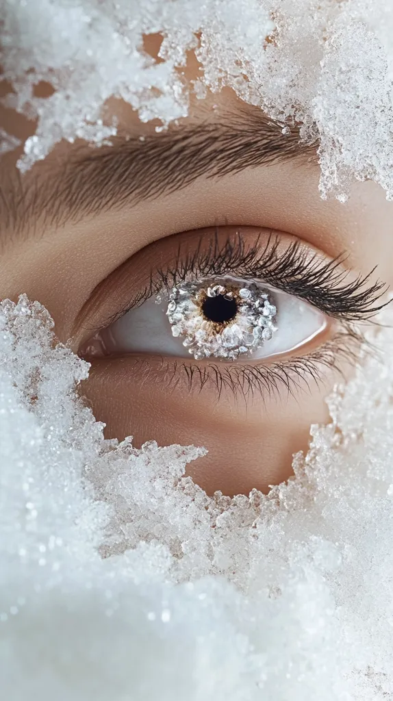 A close-up image of a woman's eye, partially obscured by white, crystalline snow.  The eye is large and dark, with long lashes, and the snow creates a stark contrast, enhancing the beauty of the eye. The image creates a feeling of winter and cold.