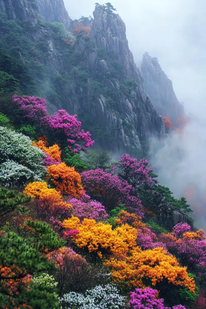 The image shows a lush mountainside covered in a vibrant array of flowers. The colors range from deep purple to bright orange, creating a stunning visual contrast. The misty fog adds a touch of mystery and ethereal beauty to the scene, making it look like a dream.  The steep, rocky cliffs provide a dramatic backdrop to the colorful blooms, showcasing nature's exquisite artistry.