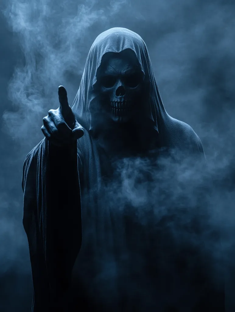 A shadowy figure wearing a hooded cloak stands in a swirling cloud of smoke. The figure's face is obscured by a skull mask. The figure is pointing with one hand, creating a sense of mystery and danger. The dark background and the eerie lighting enhance the image's chilling atmosphere.