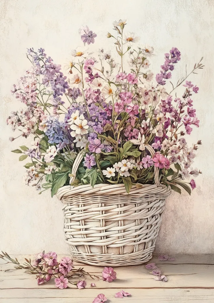 A white wicker basket sits on a wooden table, overflowing with a vibrant bouquet of delicate pink, purple, and white flowers. The soft, pastel tones of the flowers create a romantic and dreamy atmosphere. Some of the flowers have fallen from the basket, creating a charming and natural arrangement. The light background enhances the beauty of the flowers and basket.