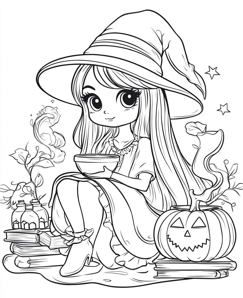A cute witch with long hair and a big hat sits with her legs crossed, holding a bowl in her hands. There is a jack-o-lantern next to her, a stack of books, and potion bottles at her feet. This is a coloring page for a magical Halloween scene.