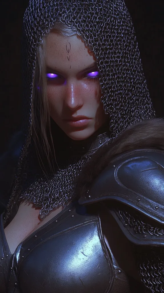 A woman with long, flowing hair is wearing a chainmail hood and armor. Her eyes are glowing purple and she has a stern expression on her face. The dark background and her serious demeanor suggest a warrior or a powerful figure. The image has a sense of mystery and strength.