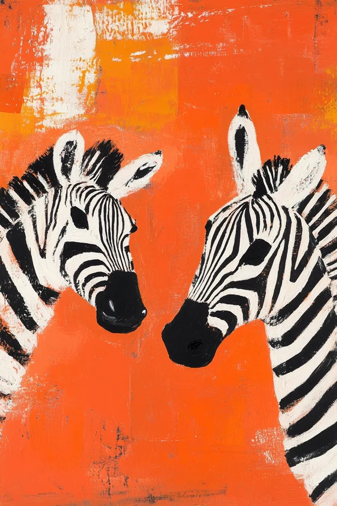 A painting of two zebras, one on the left and one on the right, facing each other on a bright orange background. The zebras have black and white stripes and their muzzles are close together. The background is a solid orange with some white and yellow splatter paint. The painting is a stylized representation of the zebras.