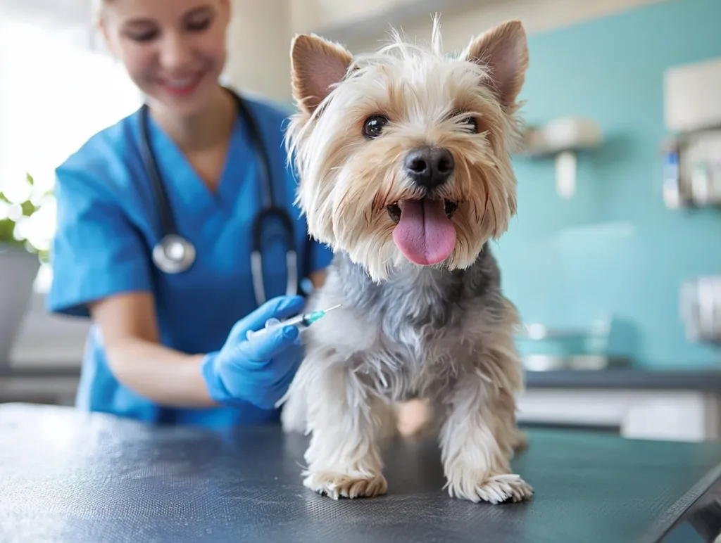 A veterinarian, wearing blue scrubs and gloves, gives a small, brown and white dog an injection. The dog is standing on an examination table, its tongue sticking out, and looking at the camera. The veterinarian is smiling and appears to be gentle with the dog.  The dog is relaxed and not showing signs of distress.  The room is a veterinary clinic.