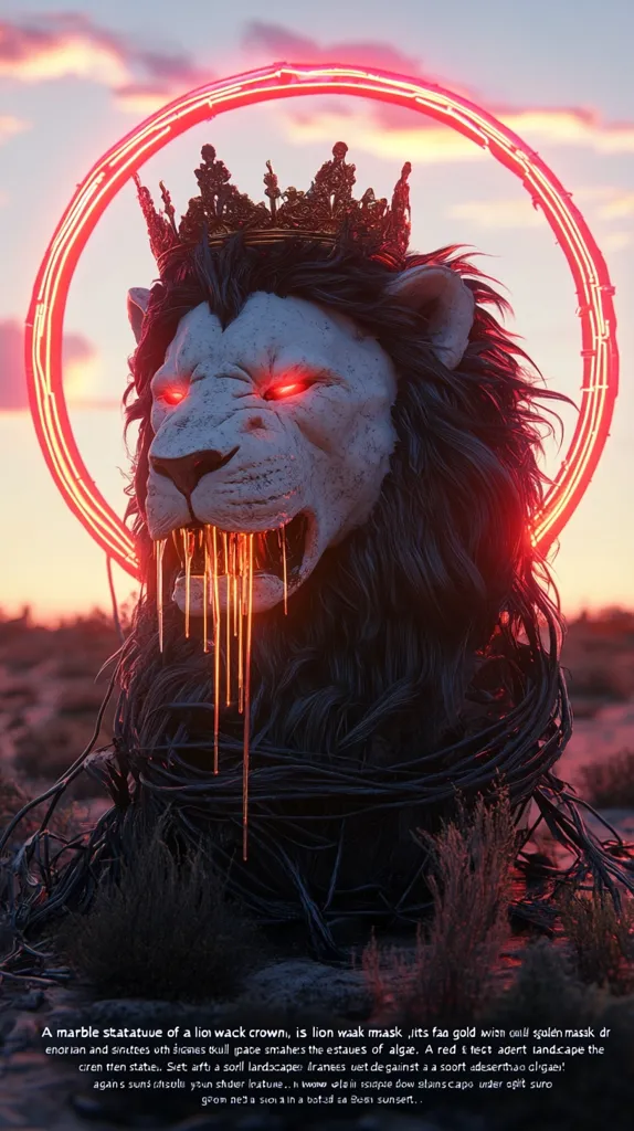 A marble statue of a lion wearing a crown and a lion mask, with gold and molten mask dripping down its face, is the focal point of this digital art. It is surrounded by a glowing red halo and stands in a desolate landscape with a red sunset in the background. The lion appears to be snarling ferociously, with its red eyes and dripping molten gold giving it a menacing and powerful presence. The overall effect is one of both awe and fear, suggesting a creature that is both majestic and dangerous.