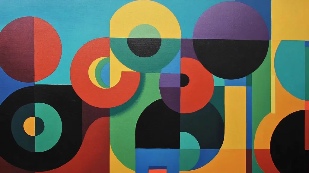 The abstract painting features a vibrant color palette of red, yellow, blue, green, purple, and black. It is composed of geometric shapes, primarily circles and squares, with overlapping and intersecting lines. The bold colors and simple shapes create a dynamic and visually stimulating composition.