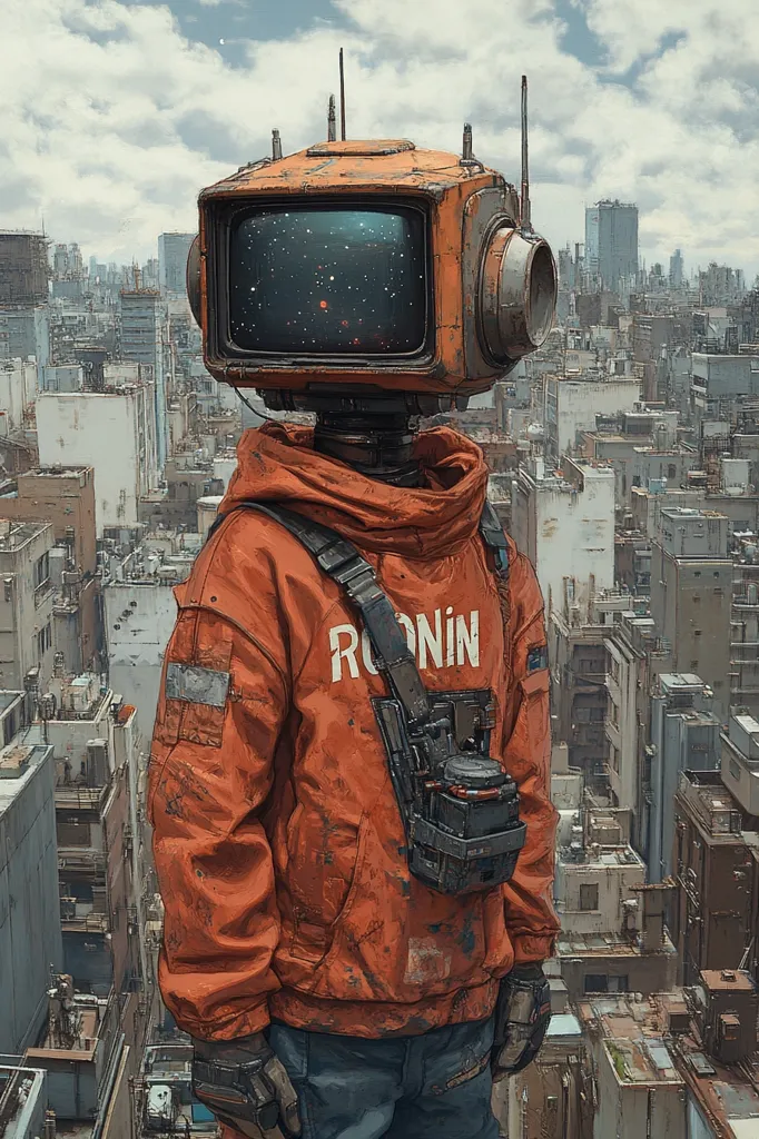 A humanoid robot with an orange television for a head stands on a rooftop overlooking a dense cityscape. The robot wears a bright orange jacket with the word "RONIN" written on the front. The television screen displays a starry sky. The city is a mix of modern and old buildings, creating a unique and intriguing atmosphere.  The robot's pose suggests a sense of solitude and contemplation.
