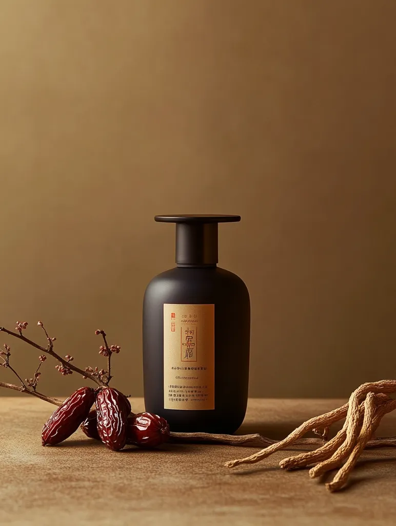 A dark brown bottle with a black lid and white writing sits on a wooden table. There are four red dates and some light brown twigs in the foreground. The background is a blurry brown color. The product appears to be some kind of beauty or health product. The image is well-lit and the composition is simple and elegant.