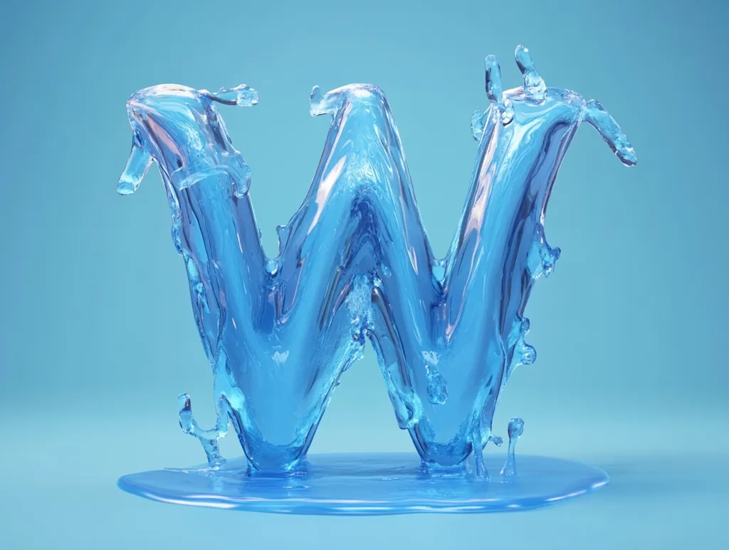 The letter W is formed by a splash of blue water. The water is translucent and reflects the blue background. The letter is standing on a pool of water. The image is a creative and interesting representation of the letter W.