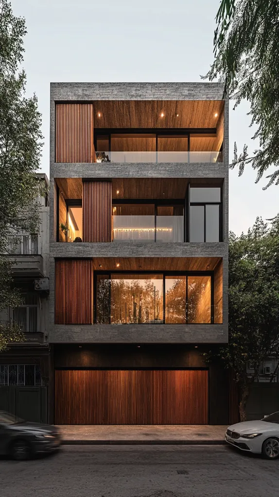 A modern, three-story building with a sleek, gray facade is situated on a street. Large windows and a garage door are made of wood, creating a warm contrast against the concrete. The building is illuminated by warm, ambient light, highlighting its architectural details.  The image captures a sense of contemporary urban design and sophistication.