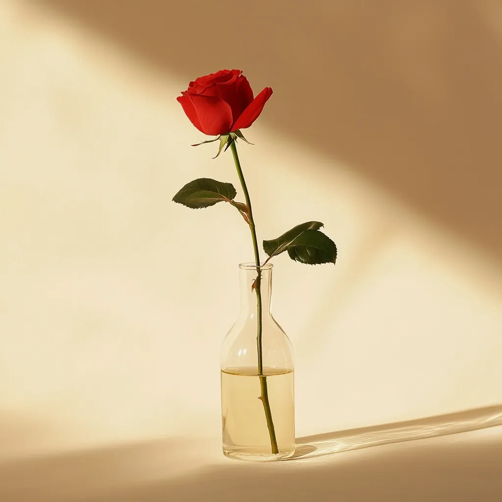 A single red rose with green leaves stands tall in a clear glass bottle filled with water. The rose is bathed in soft, warm light, casting a delicate shadow on the light beige surface. The simple composition evokes a sense of elegance and tranquility.