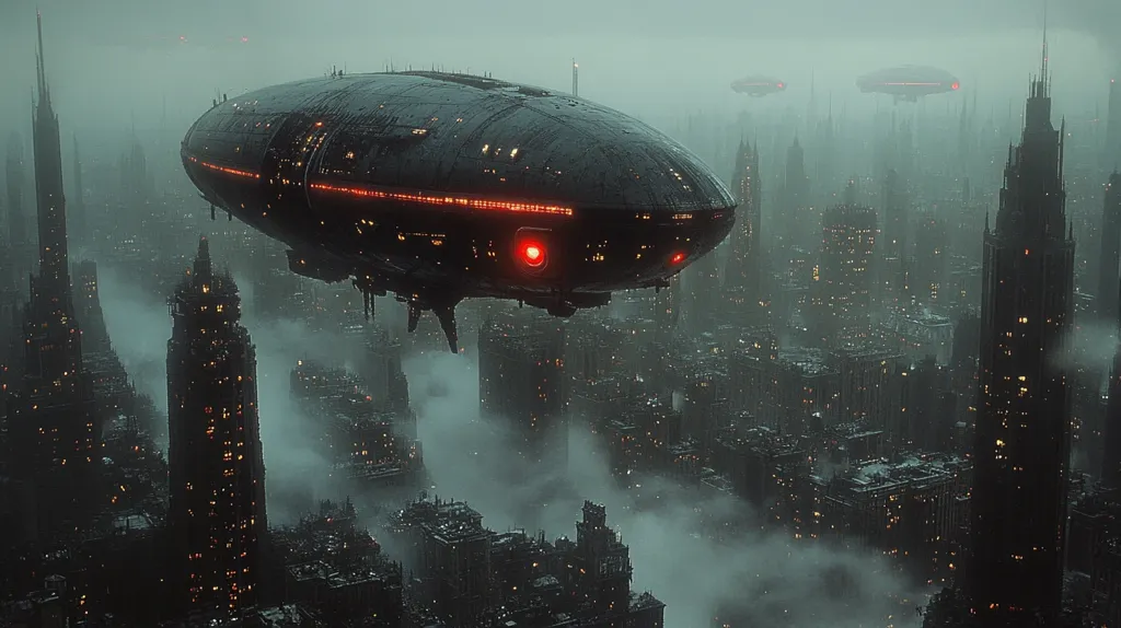 A large, black, futuristic spacecraft hovers over a foggy, densely packed city. The city is filled with tall, dark buildings with illuminated windows. The spacecraft is sleek and has a red light on its underside, illuminating the fog below. Two smaller spacecraft can be seen in the distance, flying overhead. The image evokes a sense of mystery and awe.