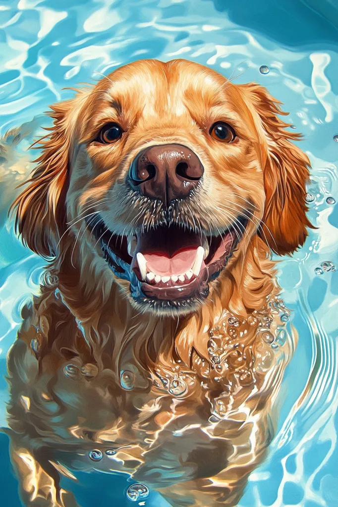 A golden retriever dog is swimming in a pool, its head is out of the water. The dog is smiling with its mouth open, revealing its teeth. The water is clear and blue, and there are bubbles around the dog's head. The dog's fur is wet and glistening.  The dog looks happy and playful.