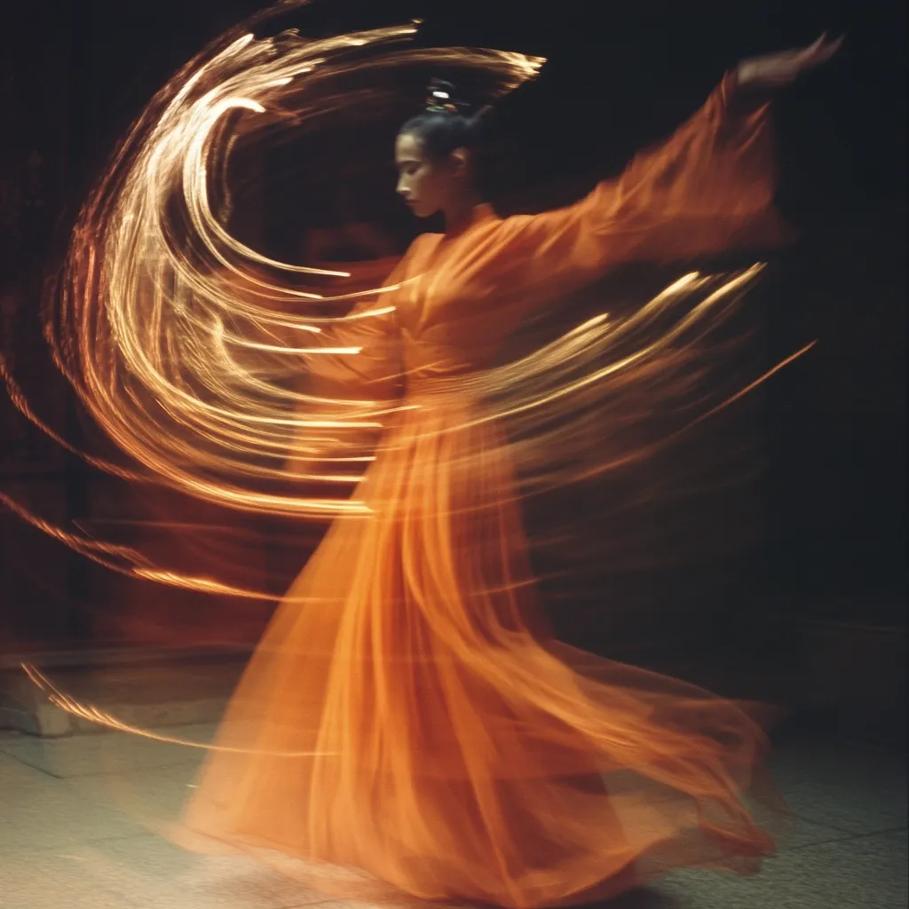 A woman in a long orange dress spins in a dark room. Her dress is flowing in the wind and her hair is flying around her face. The room is lit with a soft light. The image has been manipulated to show motion blur of the dress and the woman's hair. The background is mostly dark. The image has a hazy, almost ghostly feel to it.  The dancer's expression is serene and focused. The image creates a sense of movement and energy.