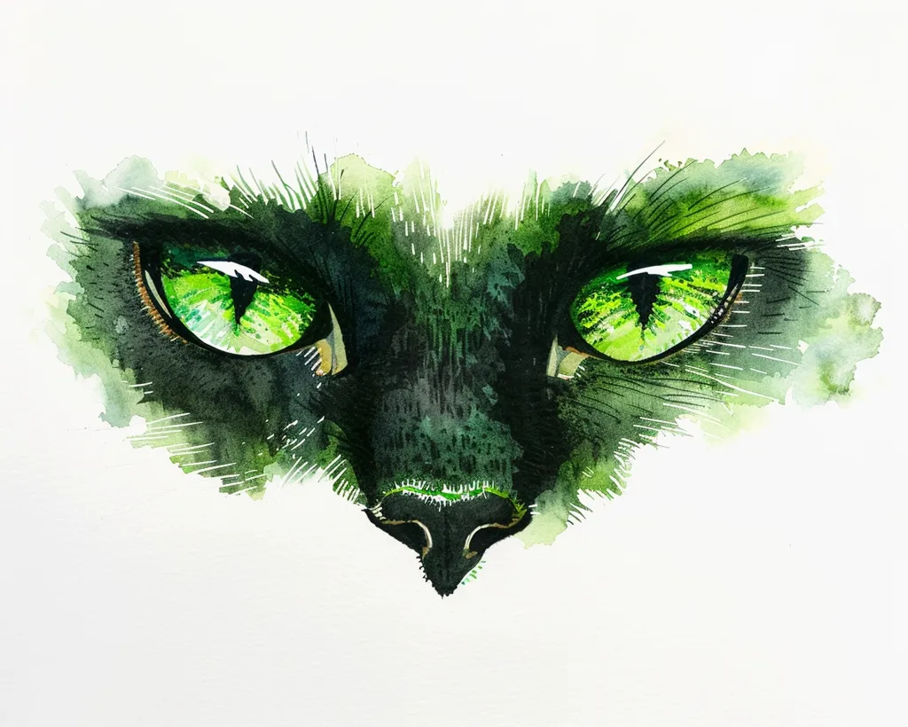 The image is a watercolor painting of a black cat's face, with a focus on its piercing green eyes. The cat's fur is depicted with a hazy, watercolor effect, giving it a dreamlike quality. The painting is done on a white background. The cat's eyes are detailed, capturing its sharp gaze. The image has an eerie, almost magical feel.