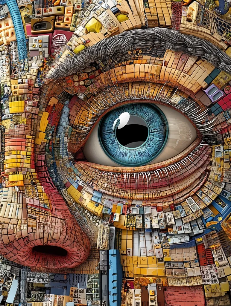 A close-up of a human eye, rendered in a mosaic style. The eye is large and blue, with a black pupil and a long, dark eyelash. The surrounding skin and brow are made up of tiny, colorful tiles, creating a textured and intricate surface. The image is a fascinating blend of realism and abstract art.