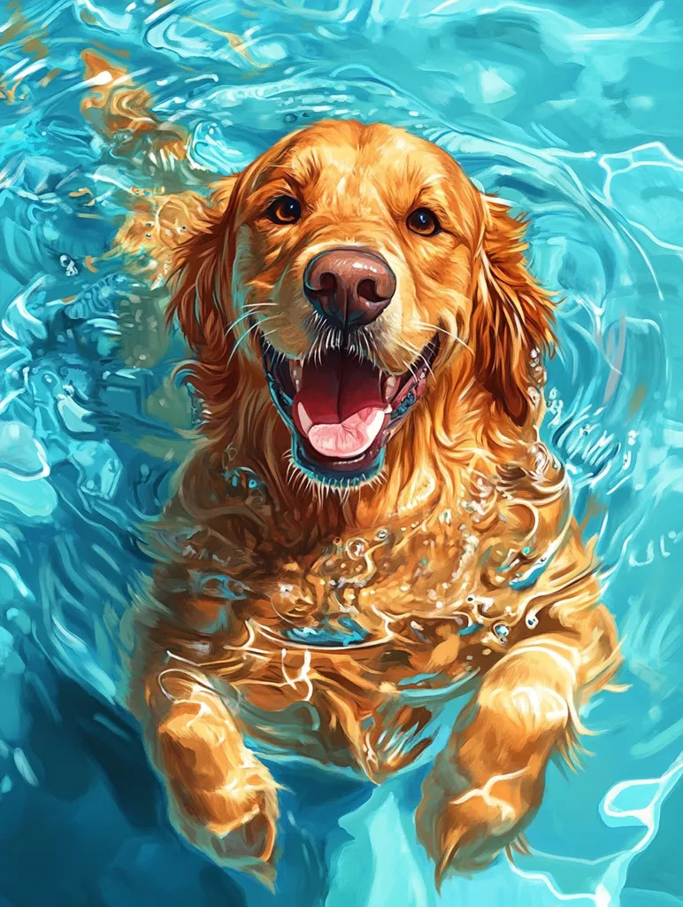A golden retriever dog is swimming in a pool of turquoise water. The dog's head is above the water, with its mouth open and tongue sticking out. Its fur is wet and glistening. The water is sparkling and rippling around the dog, creating a playful scene.  The dog's expression is joyful and carefree.