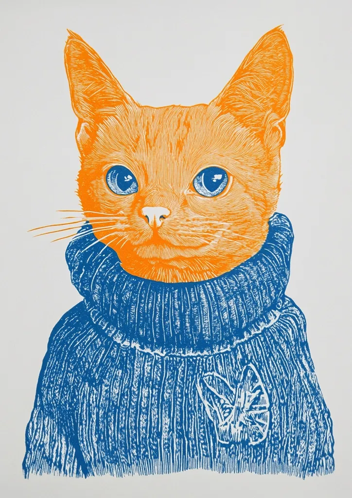 The image shows a cat wearing a blue turtleneck sweater with a small cat design on the front. The cat is orange with blue eyes and has a thoughtful expression on its face. The background is white. The art is a linocut print and the details are crisp. The image is playful and whimsical.