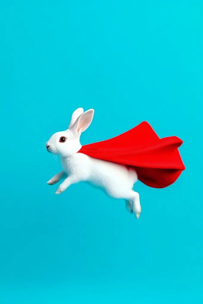 A white rabbit wearing a red cape is mid-flight against a bright blue background. The rabbit's ears are perked up, and its eyes are wide with excitement. The cape billows behind it, creating a sense of motion and power. This whimsical image is a humorous take on the classic superhero pose.