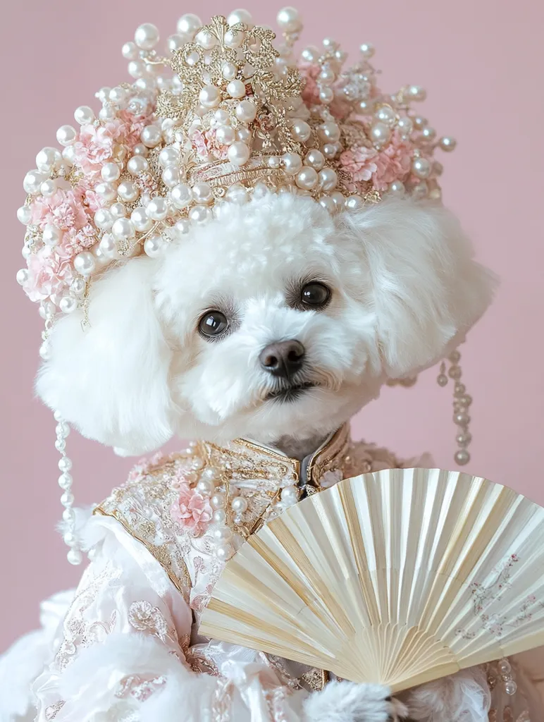 A white dog wearing a lavish pearl and flower crown, a gold and pink embroidered dress, and holding a golden fan. The dog has a sweet and innocent expression, and the image captures the playful and elegant spirit of the dog's attire. The pink background adds a touch of softness to the image.