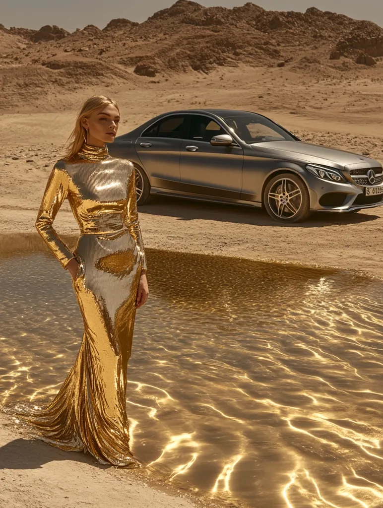 A woman in a shimmering gold dress stands in a desert landscape. A silver Mercedes-Benz car is parked behind her, and a shallow pool of water reflects the golden light of the sun. The woman's dress and the water create a harmonious blend of metallic gold. The landscape is a stark contrast to the woman's attire, highlighting her elegance and allure in the desert setting.