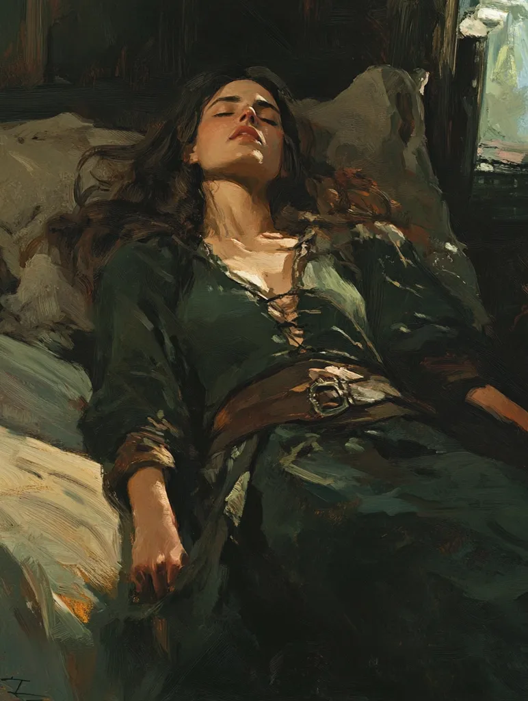 A woman with long dark hair lies asleep in a bed, her head resting on a pillow. She wears a green dress with a brown belt, and her face is illuminated by soft light. The painting is done in a painterly style with visible brushstrokes, giving it a textured and romantic feel.  The dim lighting and the woman's peaceful slumber create a sense of tranquility and mystery.