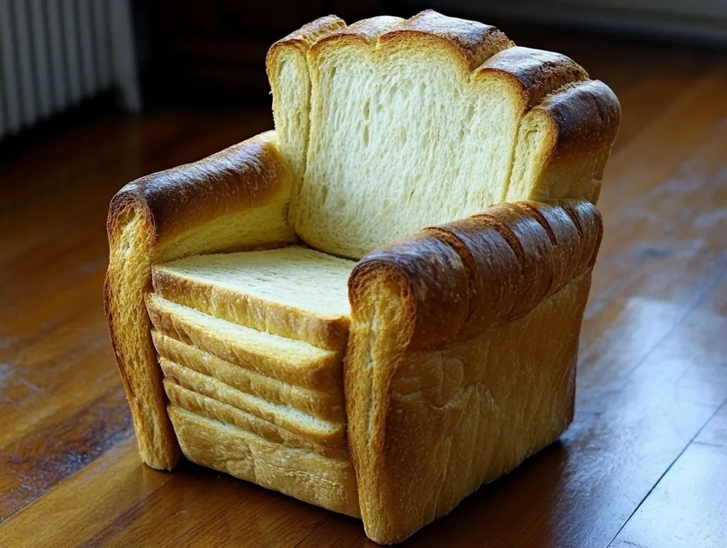 A miniature armchair is crafted entirely from sliced white bread. The bread is arranged to form the backrest, armrests, and seat of the chair.  The slices are neatly stacked, creating a cohesive and surprisingly detailed structure. The warm, golden-brown hue of the bread gives the chair a rustic charm. The chair sits on a wooden surface, creating a contrast between the smooth bread and the textured wood.  The image is a playful and humorous take on everyday objects, showcasing the creative potential of simple materials.