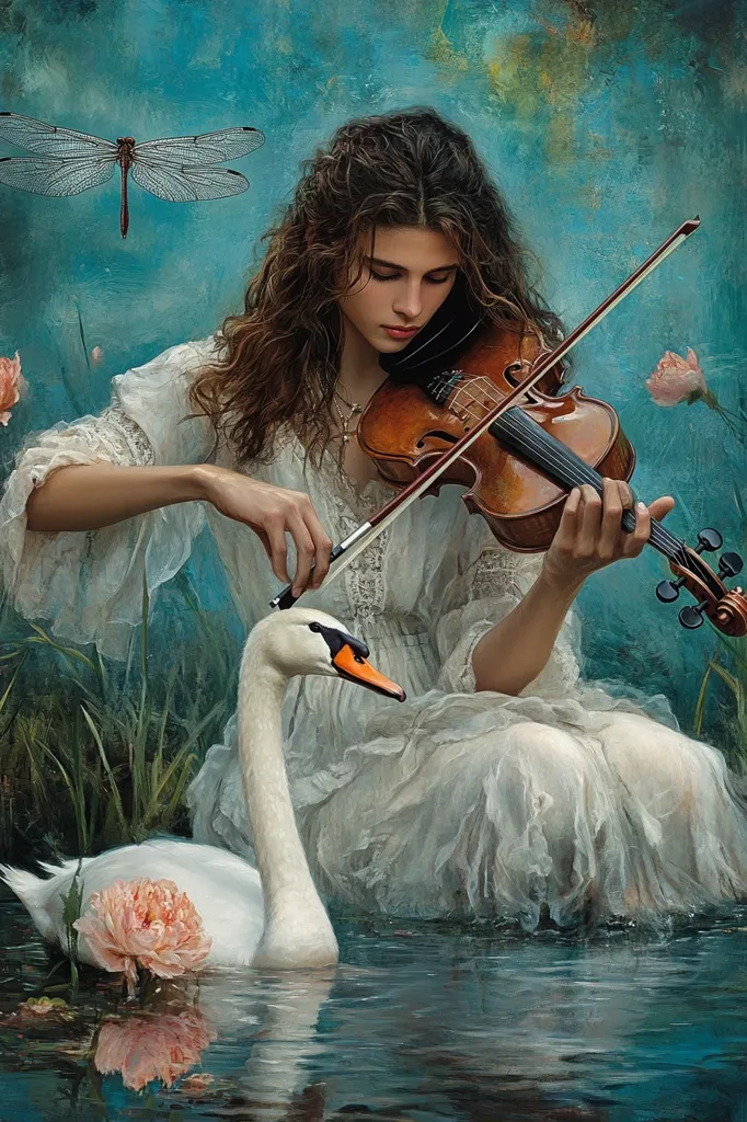 A young woman with long, flowing hair plays a violin while sitting by a pond. She is dressed in a white gown and has a swan by her side. The pond is surrounded by lush green vegetation, and a delicate dragonfly hovers overhead. The scene is serene and peaceful, capturing the beauty of nature and the artistry of music.