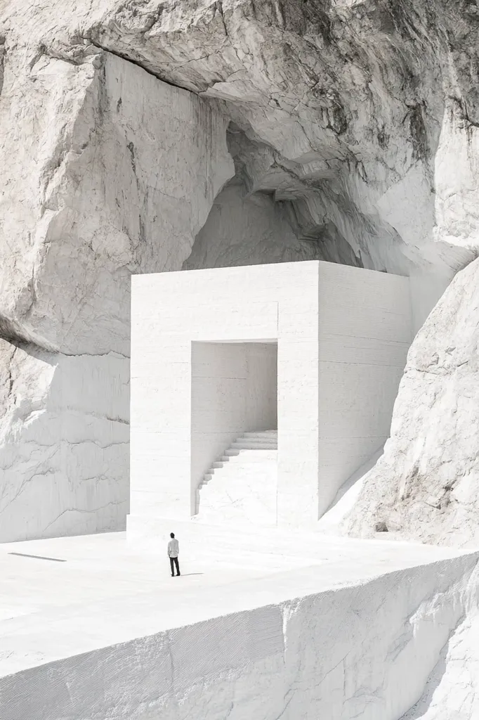 A lone figure stands in a stark white landscape. A white, cube-shaped structure with a doorway and staircase sits against a backdrop of white, jagged rock formations. The scene is minimalist and monochromatic, creating a sense of emptiness and contemplation. The figure's small size emphasizes the vastness of the space.  The overall effect is surreal and otherworldly.