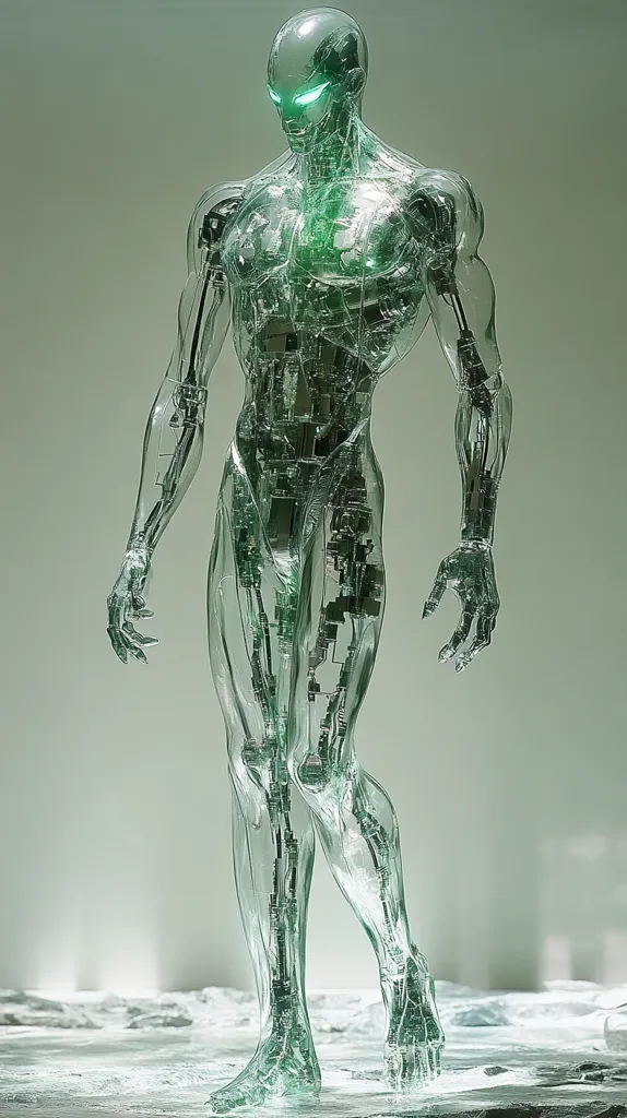 A translucent, humanoid figure made of glass and metal stands on a white surface. The figure is a detailed representation of a human body with visible wiring and mechanical components. It has a neutral expression and glowing green eyes. The figure's pose suggests movement, creating a sense of futuristic dynamism. The background is a soft grey.