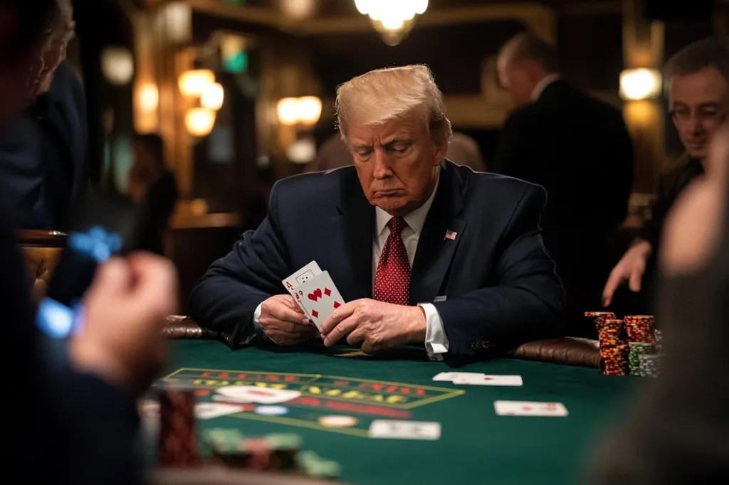 The image shows former President Donald Trump sitting at a poker table, holding two cards in his hands. He is wearing a dark suit and red tie. He is looking intently at the cards. The table is covered in a green felt, and there are chips in front of him. Other people can be seen in the background, but they are out of focus. The image captures a moment of concentration and suspense, as Trump is in the middle of a poker game.