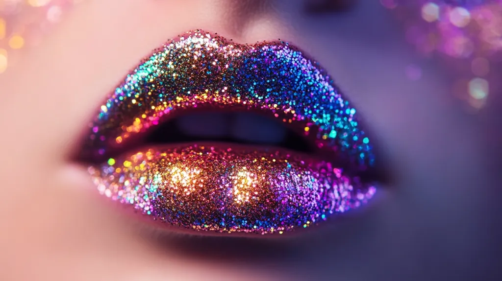 A close-up shot of a person's lips covered in shimmering glitter. The glitter is a mix of gold, pink, and purple, creating a vibrant and festive look. The light reflects off the glitter, making it sparkle and shimmer. The lips are slightly parted, revealing a hint of the person's teeth. The image captures the beauty and detail of glitter makeup.