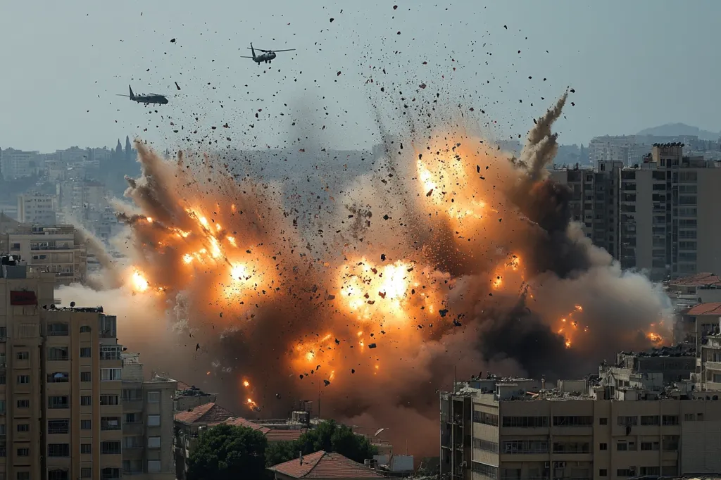 A large explosion erupts in the middle of a city, sending debris and fire high into the air. Two helicopters fly overhead, one in the distance and the other closer to the blast. The explosion is centered on an apartment building, and other buildings are visible in the background. The scene is chaotic and destructive, with plumes of smoke and debris filling the air.
