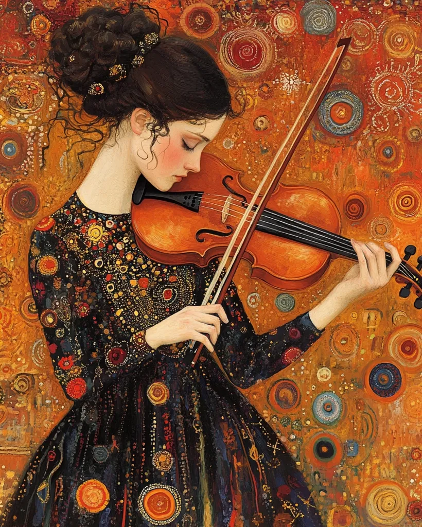 The painting depicts a young woman in a black dress with intricate gold and red patterns playing a violin. Her eyes are closed, and she is focused on the music. The background is a swirling abstract design of oranges, browns, and blues. The woman's hair is pulled back in a bun with gold accents. The overall impression is one of grace and beauty.