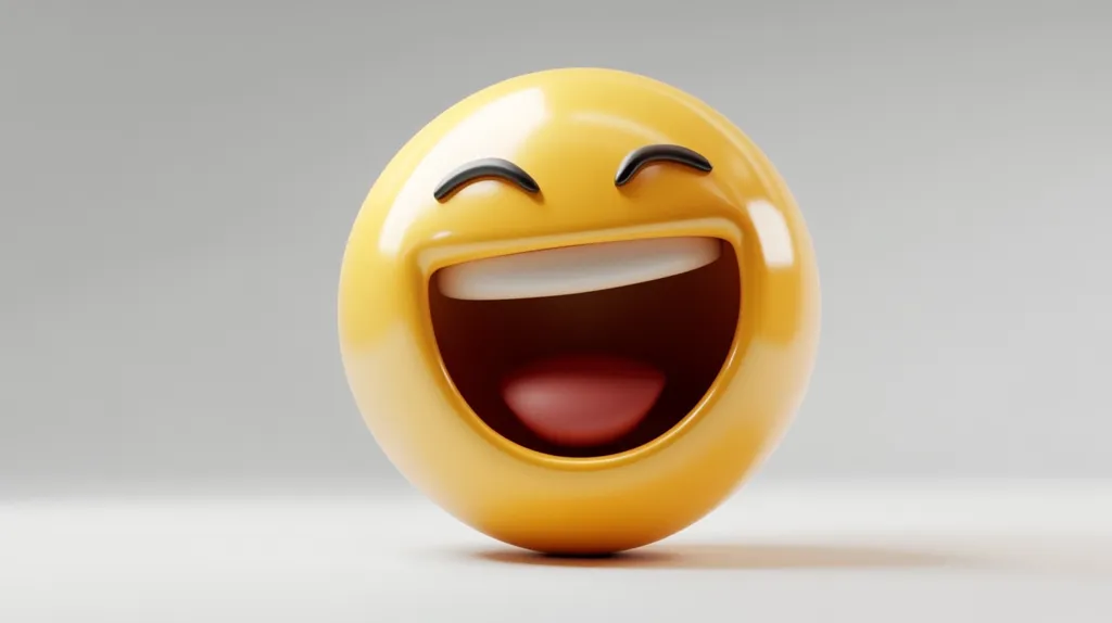 The image shows a yellow, 3D emoji with a wide, open mouth and a huge grin. The emoji has closed eyes and a red tongue, suggesting a loud, joyful laugh. The emoji is set against a plain white background, emphasizing its bright and cheerful expression.