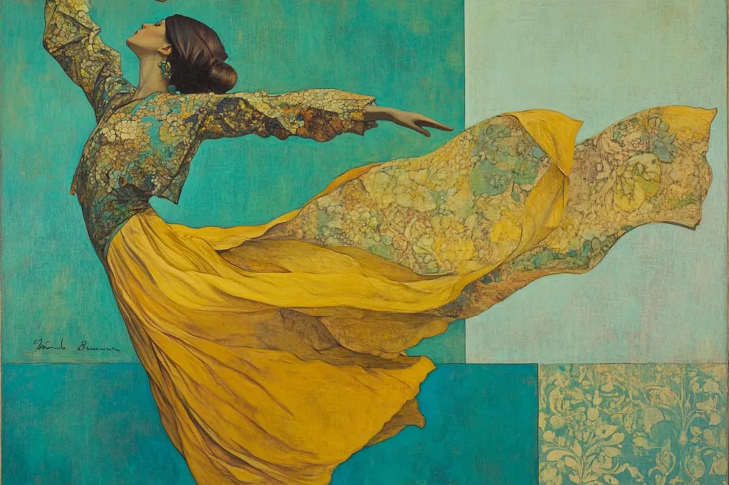 The painting depicts a woman in a flowing yellow dress with a patterned green bodice. She is dancing or leaping, with her arms outstretched. The background is made up of geometric shapes in shades of blue and green, with a floral pattern in the lower right corner. The artwork is a blend of realism and abstraction, with a sense of movement and energy. The artist's signature is visible in the bottom left corner.