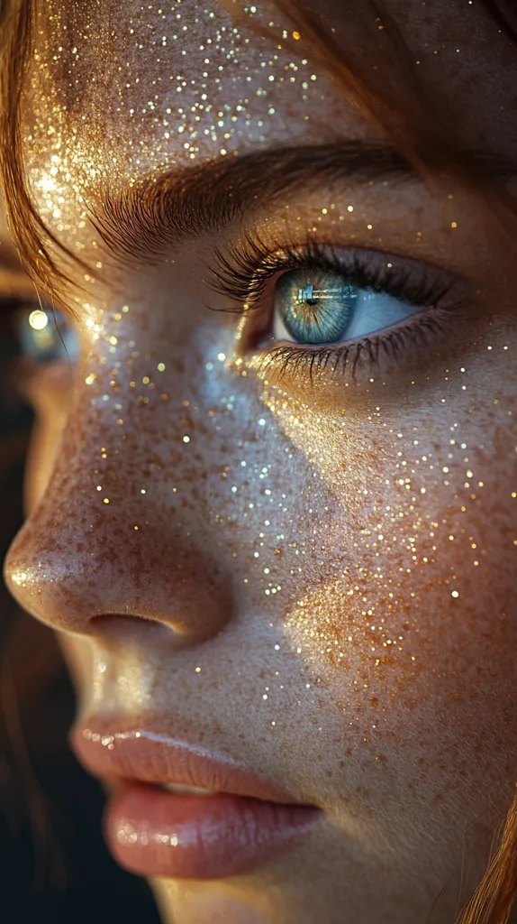 A close-up of a woman's face, covered in glitter. Her blue eyes are highlighted by the sparkles and her freckles are visible through the shimmering layer. The light catches the glitter, creating a soft glow on her skin.  Her mouth is slightly parted, hinting at a smile. The image evokes a sense of magic and wonder.
